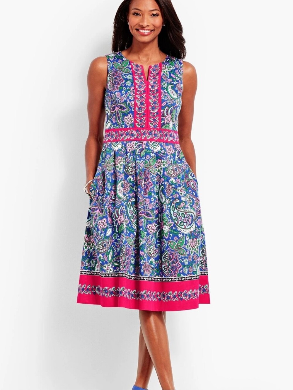 NWT Talbots Blue and Pink Paisley Sleeveless Midi Dress Womens Size 10